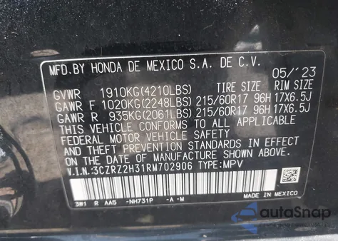 2024 Honda Hr-V Awd Lx из США, поврежденный, VIN 3CZRZ2H31RM702906